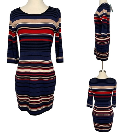 APRICOT Blue and Red Ribbed Sheath Dress with Crew Neck - Picture 1 of 13